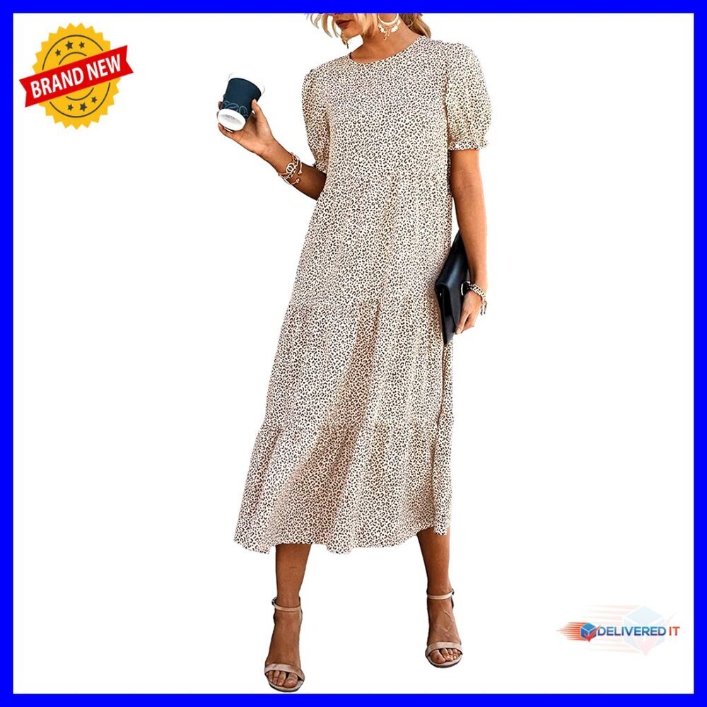 Floral Boho Midi Dress Puff Sleeve Flowy Vintage Elegant Summer Casual - Picture 1 of 7